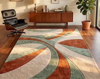 Rust and Sage Green Geometric Rug, Mid Century Modern Abstract rug, Sweeping Arcs Area Rug, Terracotta Wool rug, Custom Tufted Floor rugs