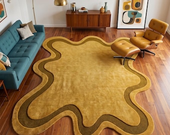 Irregular Mustard Area Rug Mid Century Modern Wool Carpet Wavy Retro Room Decor Custom Tufted Boho Mat Asymmetrical Yellow Floor Art
