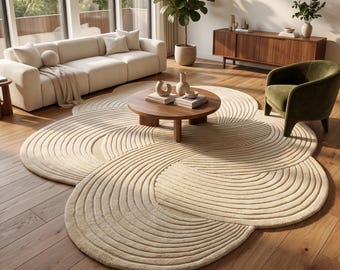 Japandi Area Rug | Zen Garden Carpet | Overlapping Circle Mat | Custom Tufted Wool | Wabi Sabi Decor | 3D Carved Cream Decor