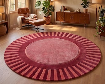 Alfombra redonda rosa / Alfombra a rayas burdeos / Decoración danesa en tonos pastel / Alfombra de lana personalizada / Alfombra circular retro con diseño de rayos de sol Coquette