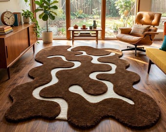 Organic Irregular Brown Rug, Abstract Wavy Wool Carpet, Dark Brown and Cream rug, Wabi Sabi Room Decor, Custom Tufted Floor Art rugs 9x12