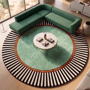 Round Green Rug, Striped Border Rug, Mid Century Modern, Emerald Green Rug, Black White Striped, Hand Tufted Wool, Round Statement Rug light green