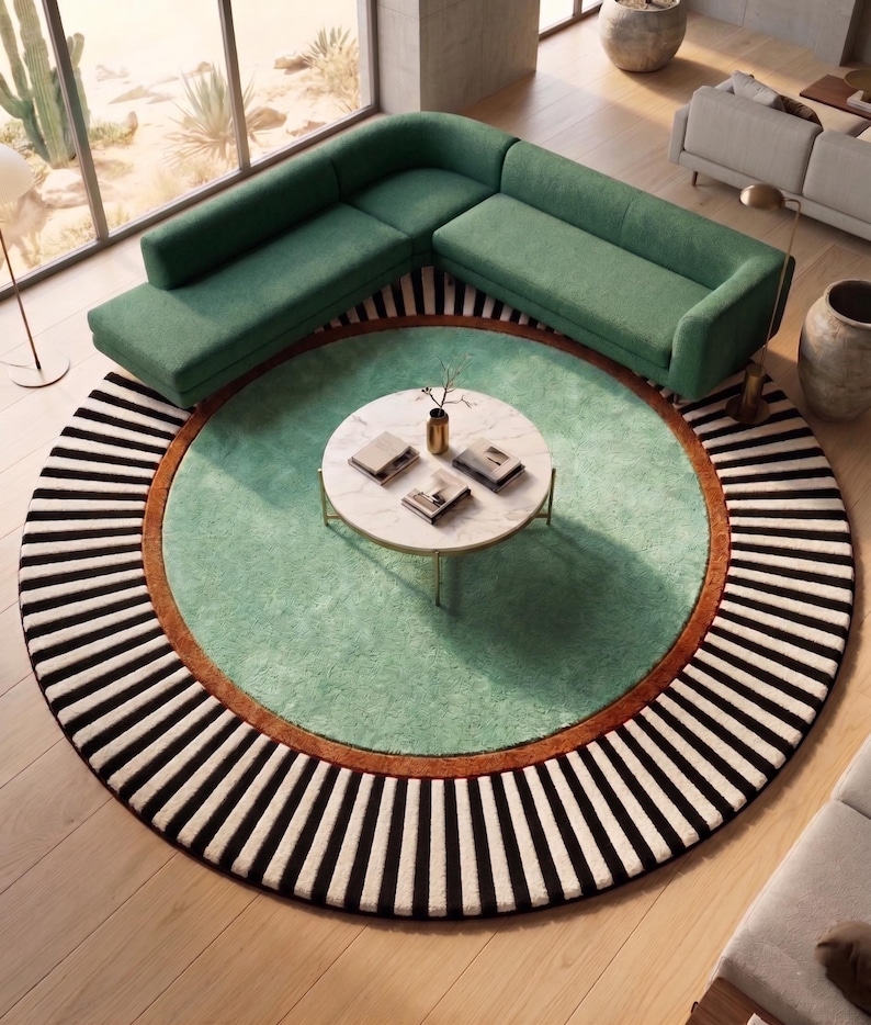 Round Green Rug, Striped Border Rug, Mid Century Modern, Emerald Green Rug, Black White Striped, Hand Tufted Wool, Round Statement Rug light green