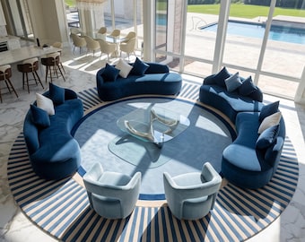 Blue Round Rug | Geometric Sunburst Carpet | Navy Striped Border Mat | Mid Century Modern | Custom Tufted Wool | Coastal Floor Art
