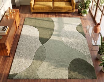 Sage Green Wavy Area Rug, Olive and Cream Abstract rugs, Mid Century Modern Floor rug, Wool Rug, Earthy Room Decor gifts rug 8x10 9x10 rugs