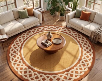 Round Mustard Area Rug | Interlocking Border Carpet | Terracotta Geometric Mat | Custom Tufted Wool | Mid Century Floor Art | Celtic Knot