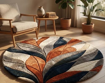 Round Botanical Area Rug Abstract Leaf Wool Carpet Navy and Rust Room Decor 3D Carved Feather rug Mid Century Circular Rug Boho room Decor