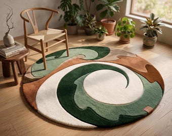 Alfombra redonda con diseño de remolinos / Alfombra abstracta verde y terracota / Decoración moderna de mediados de siglo / Alfombra de lana con mechones personalizados / Alfombra circular tallada en 3D