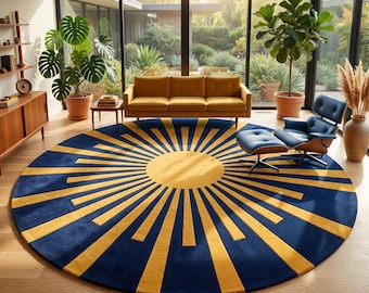 Alfombra redonda azul marino / Alfombra con diseño de rayos de sol amarillo mostaza / Decoración moderna de mediados de siglo / Alfombra de lana con mechones personalizados / Alfombra circular con diseño de estrella llamativa