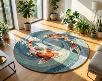 Koi Fish  Rug | Zen Water Swirl rug | Feng Shui Blue Room Decor | Custom Tufted Wool rug | Boho Coastal Living Room koi fish rug fish rugs
