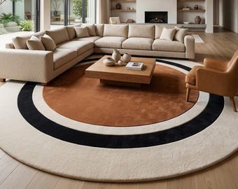 Alfombra redonda geométrica / Alfombra de bloques de color terracota y negro / Decoración moderna de mediados de siglo / Alfombra de lana con mechones personalizados / Alfombra circular de Target