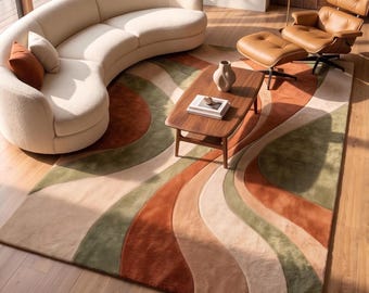 Alfombra ondulada de tonos tierra / Alfombra abstracta de terracota y verde / Decoración moderna de mediados de siglo / Alfombra personalizada de lana con mechones de 8x10 y 9x12.