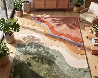 Alfombra abstracta ondulada / Alfombra de paisaje bohemio / Decoración de habitación en verde musgo y rosa / Alfombra de lana con mechones personalizados / Alfombra retro de puesta de sol de mediados de siglo