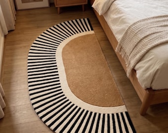 Half Moon Area Rug | Mid Century Modern Carpet | Camel and Black Mat | Geometric Striped Rug | Custom Tufted Wool | Bedside Floor Art