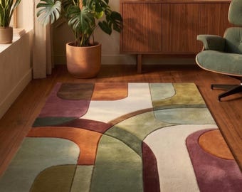 Alfombra geométrica de todos los tamaños / Alfombra moderna de mediados de siglo con bloques de color / Decoración en tonos ciruela y verde / Alfombra de lana con mechones personalizados / Alfombra abstracta retro