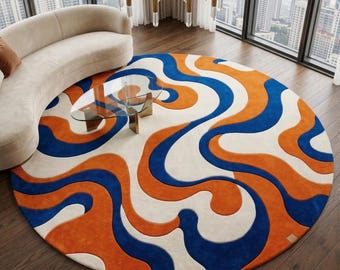 Groovy Round Area Rug | Blue and Orange Retro Carpet | 70s Wavy Circular Mat | Mid Century Modern Pop Art Decor | Custom Tufted Wool Rug