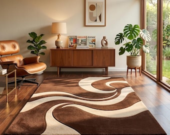 Chocolate Brown Abstract Rug, Mid Century Modern Swirl Carpet, Wavy Retro 70s Area Rug, 3D Carved Wool Mat, Custom Tufted Living Room Rugs.