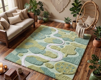 Landscape Area Rug | Topographical Map Mat | 3D River Carpet | Custom Tufted Wool | Nature Inspired Decor | Boho Nursery Rug | Green Rug