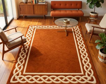 handmade Rust Area Rug, Celtic Knot Wool Carpet, Terracotta Room Decor, Custom Tufted Geometric rugs, Mid Century Modern Rug 8x10 9x12