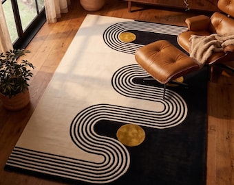 Alfombra en blanco y negro / Alfombra moderna de mediados de siglo con diseño ondulado / Decoración Art Déco geométrica / Alfombra de lana con mechones personalizados / Alfombra minimalista con detalles dorados