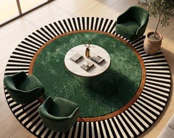 Round Green Rug, Striped Border Rug, Mid Century Modern, Emerald Green Rug, Black White Striped, Hand Tufted Wool, Round Statement Rug