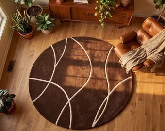 Alfombra redonda minimalista marrón / Alfombra de área con diseño abstracto de líneas / Decoración moderna de mediados de siglo / Alfombra de lana personalizada / Alfombra circular Wabi Sabi