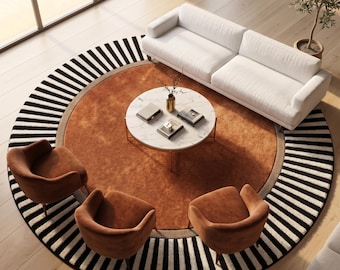 Round Rust Area Rug, Black and White Striped Border, Art Deco Wool Carpet, Custom Tufted Geometric Rug, Maximalist Decor 8x8 10x10 gift rug