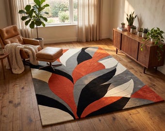 Abstract Botanical Area Rug | Large Leaf Wool rugs | Rust and Black Room Decor | Mid Century Modern rug | Custom Tufted Geometric Floor Art