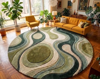 Round Abstract Area Rug | Organic Wavy Wool Carpet | Forest Green Room Decor  | Custom Tufted 3D Carved Rug | Earthy Decor | Custom Rug