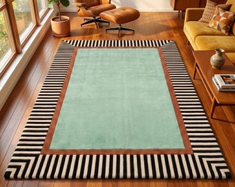 Mint Green Area Rug, Black and White Striped Border, Art Deco Wool Carpet, Rust Frame Floor Mat, Custom Tufted Geometric Rug, Eclectic Decor