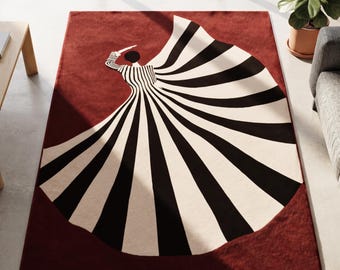 Deep Red Area Rug | Art Deco Dancer rug | Black and White Striped rug | Abstract Figure Wool Rug | Optical Illusion Room Decor gift rugs 5x8
