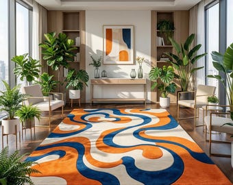 Alfombra abstracta ondulada tejida a mano en tonos naranja y azul, estilo moderno de mediados de siglo, de lana. Tamaño personalizado para sala de estar y dormitorio. Decoración retro impactante.