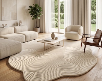 Wabi Sabi Rug | Zen Garden Carpet | Irregular Cream Mat | Custom Tufted Wool | 3D Carved Minimalist Decor | Japandi Area Rug