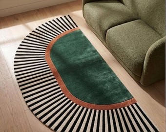Half Moon Area Rug | Semi Circle Wool Carpet | Geometric Striped Mat | Green Terracotta Decor | Custom Tufted Floor Art | Mid Century