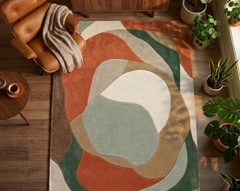 Earthy Abstract Hand Tufted Rug, Mid Century Modern Wool Area Rug, Rust and Sage Green Geometric rug, rugs for Livingroom Rug, gifts rugs