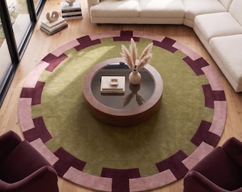 Round Olive Green Area Rug | Burgundy and Pink Geometric Border | Bauhaus Wool Carpet | Mid Century Modern rug| Custom Tufted Floor Art