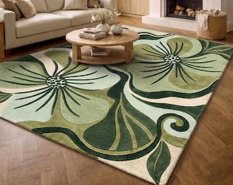 Green Floral Area Rug | Art Nouveau Carpet | Botanical Sage Room Mat | Custom Tufted Wool | Biophilic Floor Art | 3D Carved Retro Decor