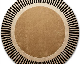 Alfombra redonda color camel / Alfombra a rayas blancas y negras / Decoración moderna de mediados de siglo / Alfombra de lana con mechones personalizados / Alfombra circular color marrón cálido estilo art déco