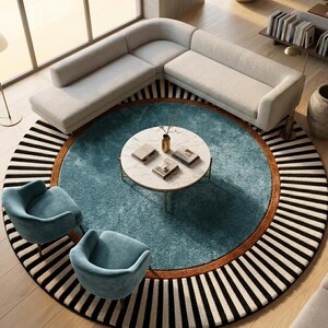 Round Green Rug, Striped Border Rug, Mid Century Modern, Emerald Green Rug, Black White Striped, Hand Tufted Wool, Round Statement Rug light blue