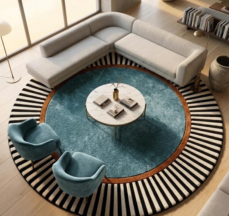 Round Green Rug, Striped Border Rug, Mid Century Modern, Emerald Green Rug, Black White Striped, Hand Tufted Wool, Round Statement Rug light blue