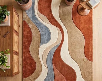 Alfombra ondulada color terracota, todos los tamaños / Alfombra moderna de mediados de siglo en tonos tierra / Decoración bohemia retro de los años 70 / Alfombra de lana con mechones personalizados / Naranja quemado