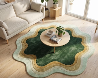 Organic Irregular Green Rug, Wavy Topographical Carpet, Deep Green and Mustard Mat, Wabi Sabi Room Decor, Custom Tufted Floor Art round rugs