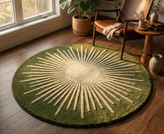 Round Sunburst Area Rug | Olive Green Cut and Loop Pile Carpet | Mid Century Boho Decor | Earthy Textured Circle Mat | Custom Tufted Rug