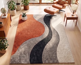 Mid Century Modern Area Rug | Abstract Wavy Wool rugs | Rust and Grey Room Decor | Custom Tufted Floor Art mcm rug, gifts rug 5x8 8x10 9x12