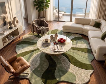 Irregular Green Area Rug | Wavy Round Olive Carpet | Mid Century Modern Decor | Custom Tufted Wool rug | Abstract Botanical Floor Art rugs