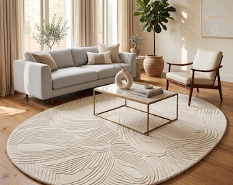 Oval Area Rug | Textured Cream Carpet | 3D Carved Wing Mat | Custom Tufted Wool | Japandi Floor Art | Wabi Sabi Minimalist Living Room Rug