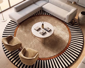 Beige Round Area Rug | Black and White Striped Border | Art Deco Wool rug| Sunburst Floor rug | Neutral Decor 8x8 10x10