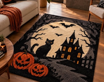 Halloween Area Rug | Haunted House Carpet | Spooky Black Cat Mat | Custom Tufted Wool | Gothic Fall Floor Art | 3D Carved Pumpkin Room Decor