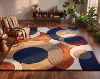 Alfombra geométrica circular / Alfombra de estilo moderno de mediados de siglo / Decoración en azul marino y óxido / Alfombra de lana con mechones personalizados / Alfombra abstracta Bauhaus