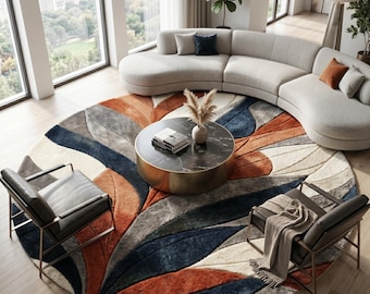 Abstract Round Rug | Navy and Terracotta Carpet | Oversized Leaf Mat | Mid Century Modern Decor | Custom Tufted Wool | Botanical Floor Art